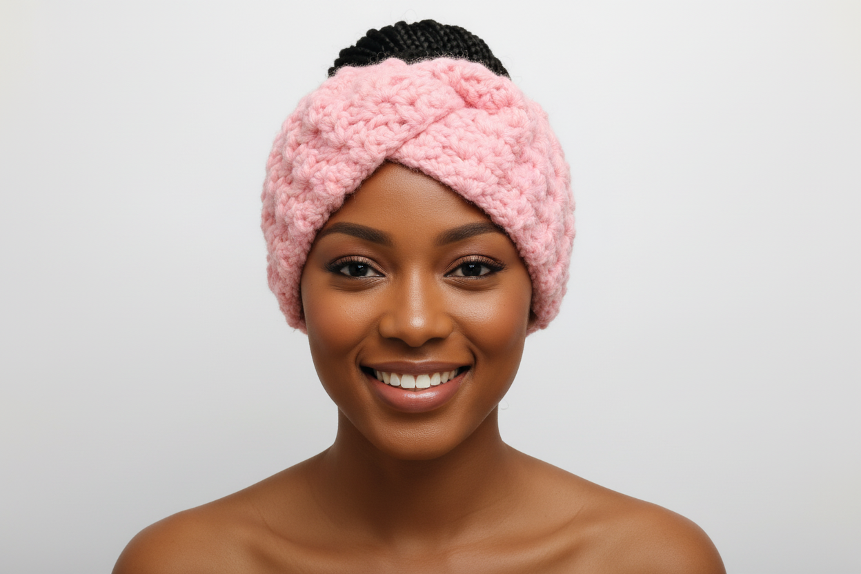 Patron Bandeau cache-oreilles pr femme au crochet debutant porté par une femme souriante.