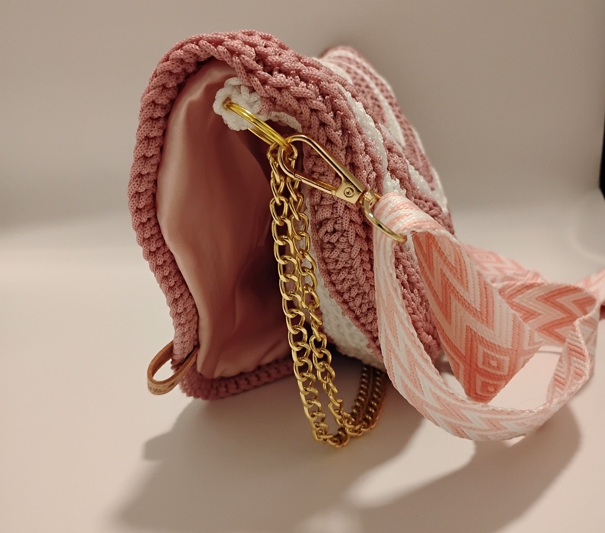 Mid Moon crossbody bag two-tone showing crochet detailing and two holders, perfect for stylish everyday use.