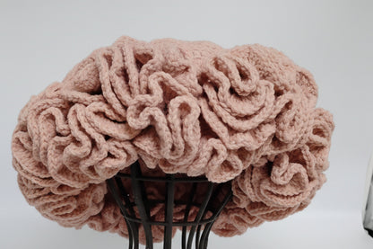 handmade crochet ruffles hat - Stylish warm and cozy winter hat in soft pink color, featuring intricate ruffled design.