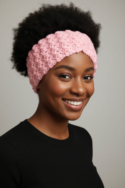 Patron Bandeau cache-oreilles pr femme au crochet debutant, modèle stylé en rose pour un look élégant.