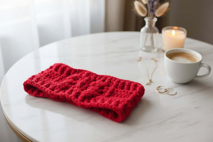 Soft alpaca wool headband in red color displayed on a marble table next to a cup and candles.