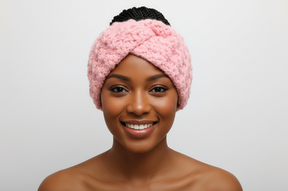 Patron Bandeau cache-oreilles pr femme au crochet debutant porté par une femme souriante.