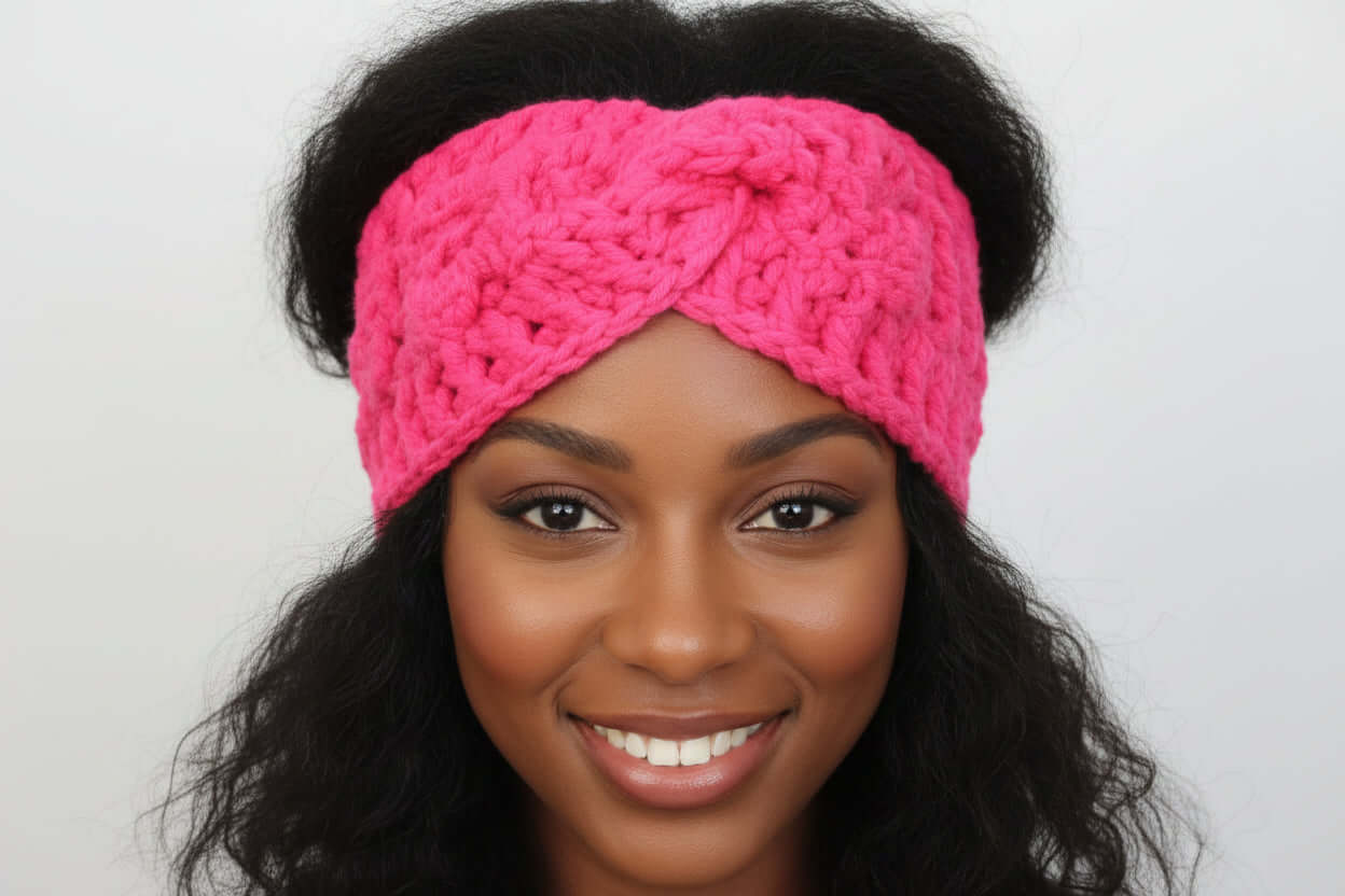 soft alpaca wool headband in vibrant pink worn by a smiling woman with curly hair.
