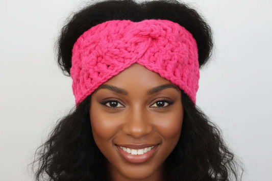 soft alpaca wool headband in vibrant pink worn by a smiling woman with curly hair.