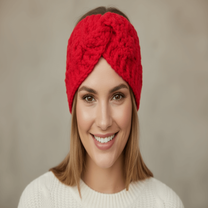 Soft alpaca wool headband in red, perfect for keeping hair in place and adding warmth and style.