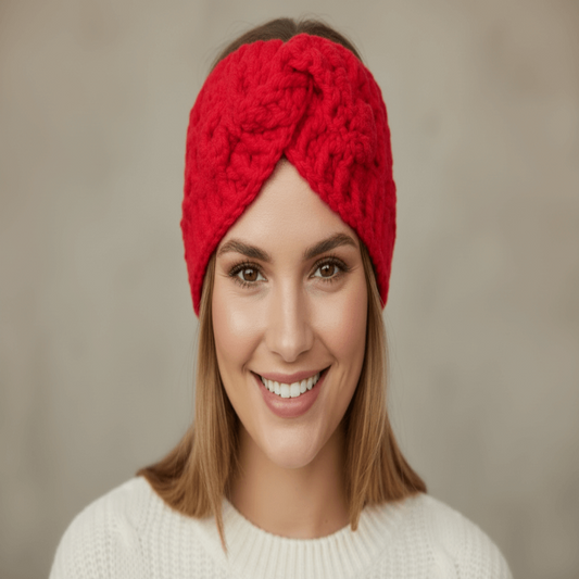 Soft alpaca wool headband in red, perfect for keeping hair in place and adding warmth and style.