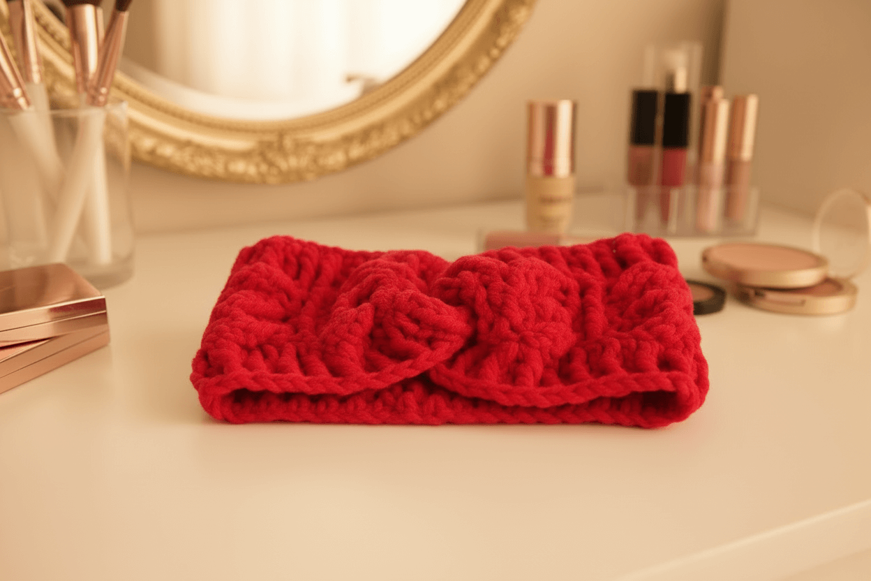soft alpaca wool headband displayed on a vanity, highlighting its warmth and cozy design.