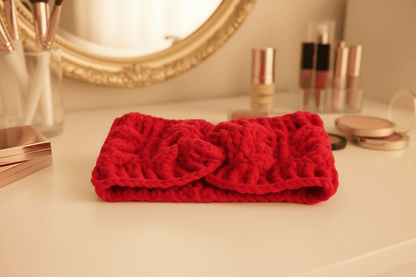 soft alpaca wool headband displayed on a vanity, highlighting its warmth and cozy design.