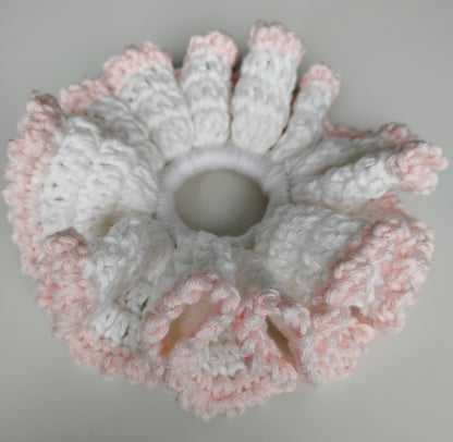 Colorful eye-catching scrunchies crochet in white and pink showcasing fun style and durability.