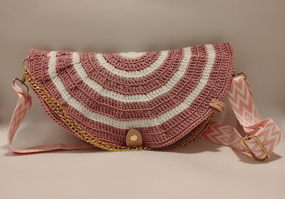 Mid Moon crossbody bag two-tone featuring a crochet design with pink and white stripes and a stylish chain strap.