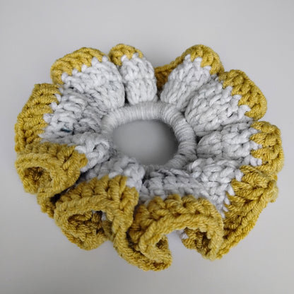 Colorful eye-catching scrunchies crochet in two-tone gray and yellow, stylish and lightweight for hair.