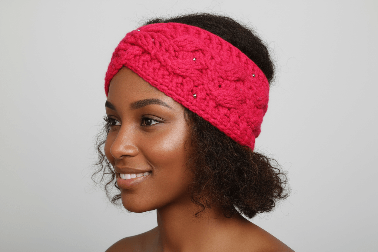 soft alpaca wool headband worn by a smiling woman, showcasing its vibrant color and stylish design.