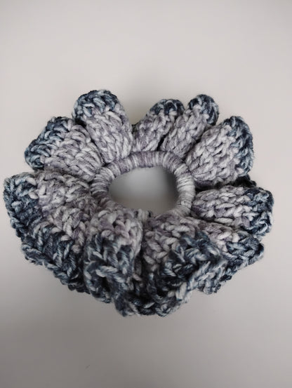 Colorful eye-catching scrunchies crochet in two-tone design, lightweight and stylish accessory for hair.