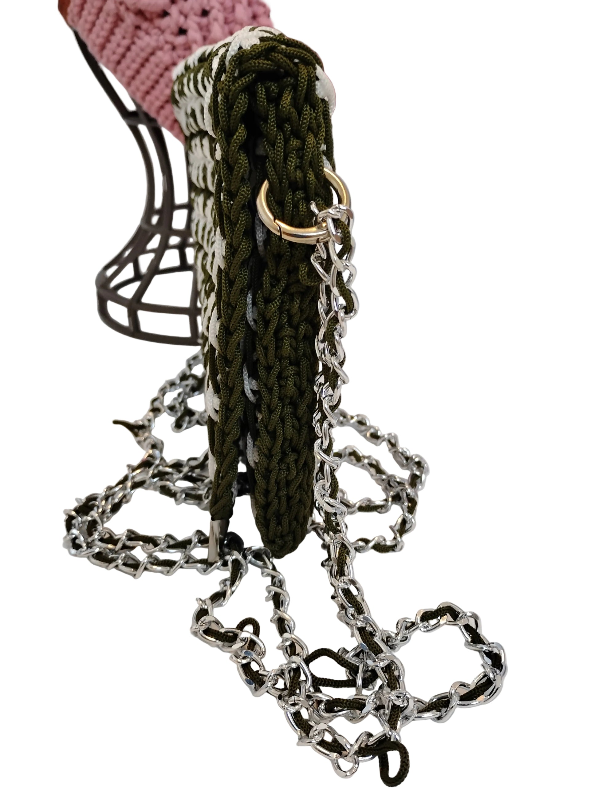 Vintage Old Style Pochette Bag showcasing crochet design and unique chain strap, perfect for versatile styling.