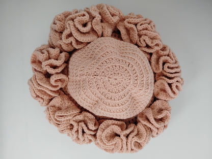 handmade crochet ruffles hat - stylish warm and cozy winter hat with a unique ruffled design in soft pink color.