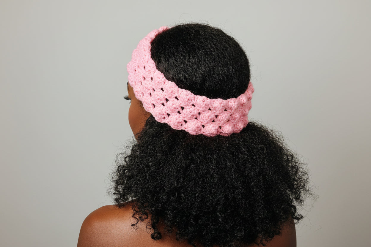 Patron Bandeau cache-oreilles pr femme au crochet debutant - bandeau rose porté par une femme avec cheveux bouclés